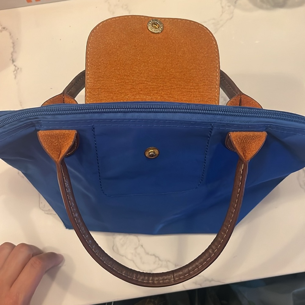 Small Longchamp Blue/Brown Nylon and Leather Le Pliage Tote - Picture 12 of 12
